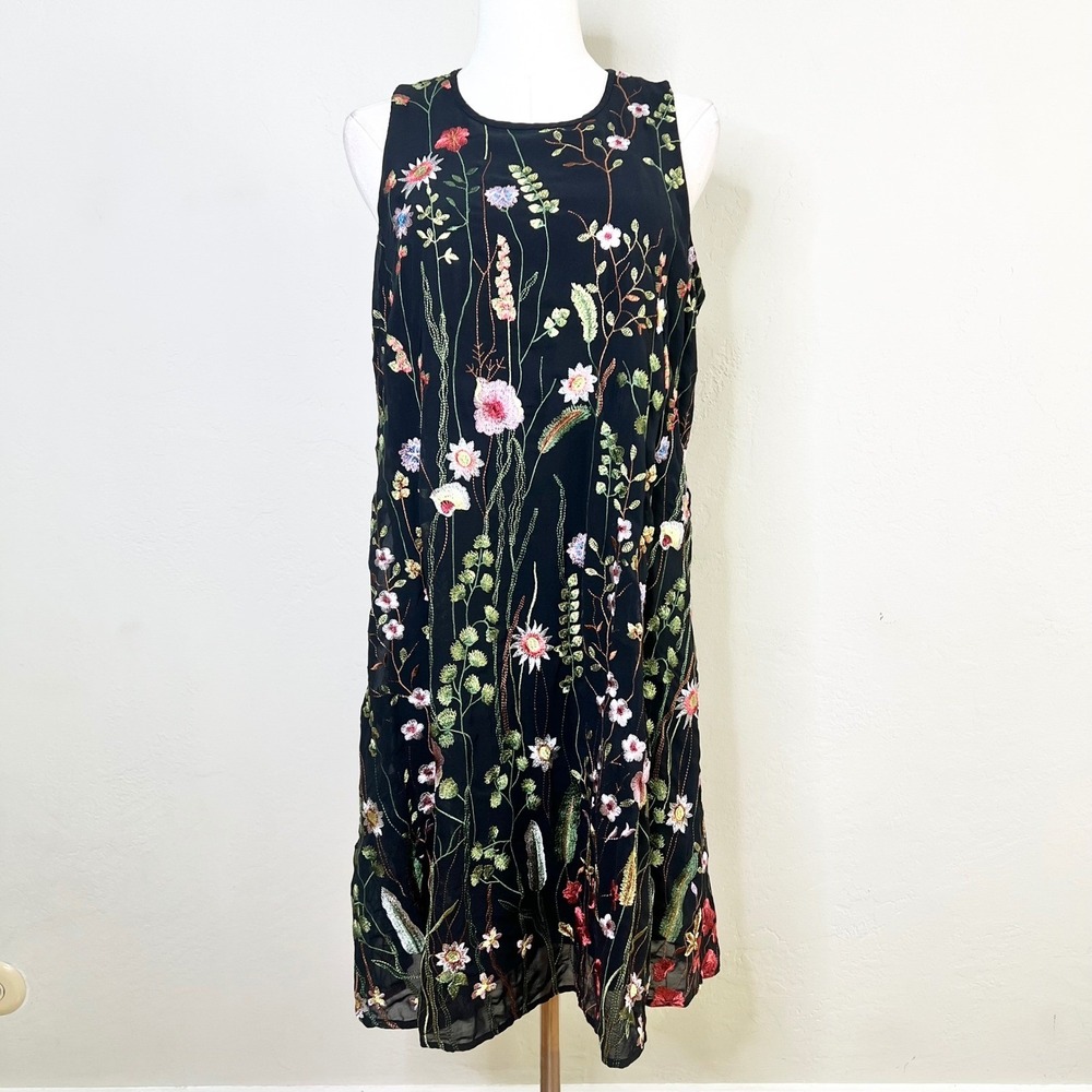 Calvin Klein Black Floral Embroidered Sleeveless Knee Length Shift Dress Size 12